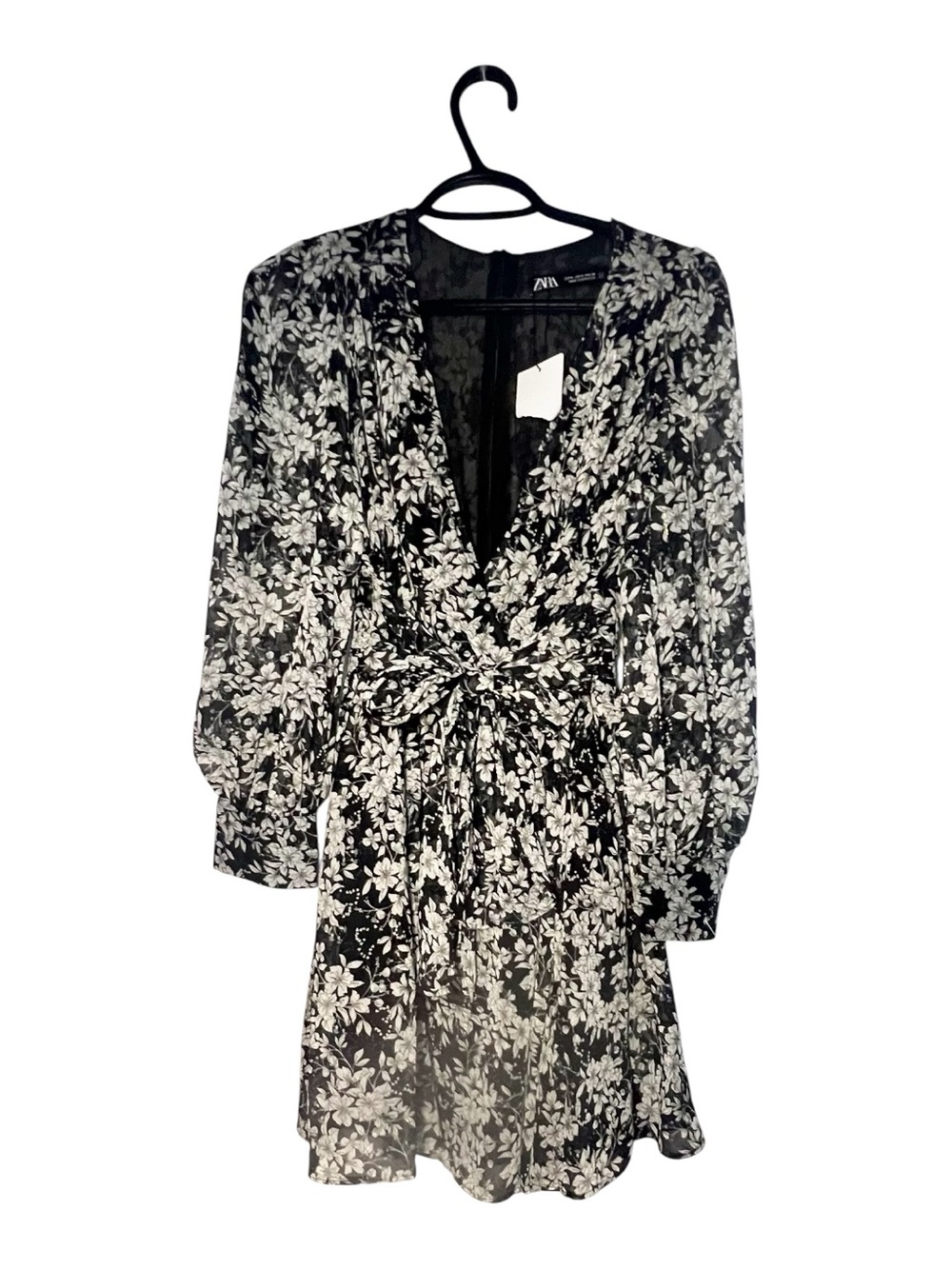 Zara Black & White Floral Tie-Waist Dress